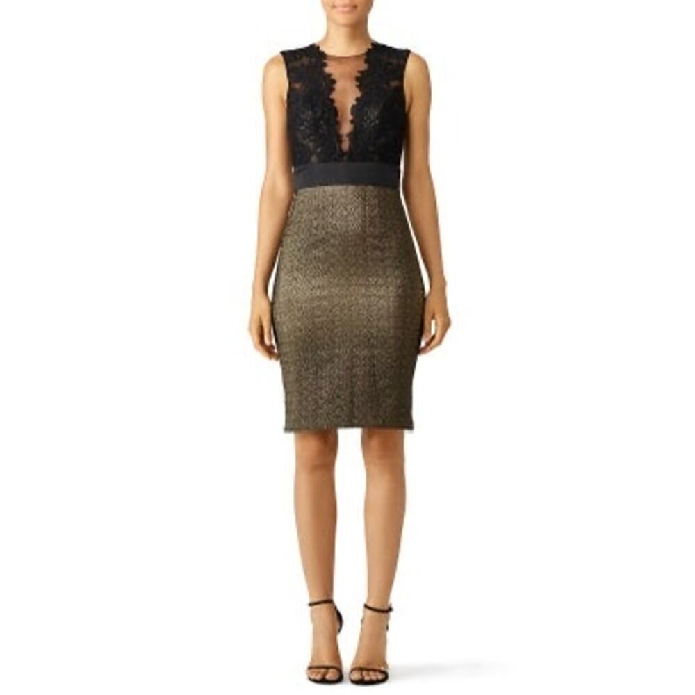 Theia Gold & Black Midnight Lace Crewneck Lace See Through Sheath Dress Size 6